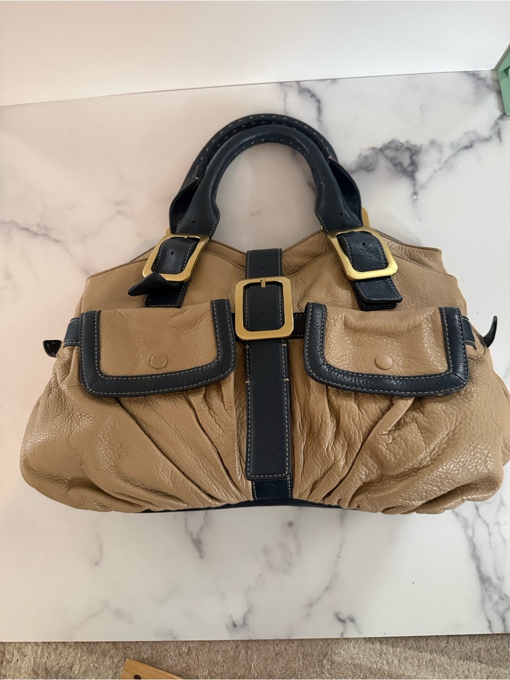 Cole Haan Leather Satchel Handbag in Tan with Navy Trim